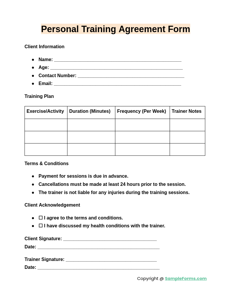 personal training agreement form