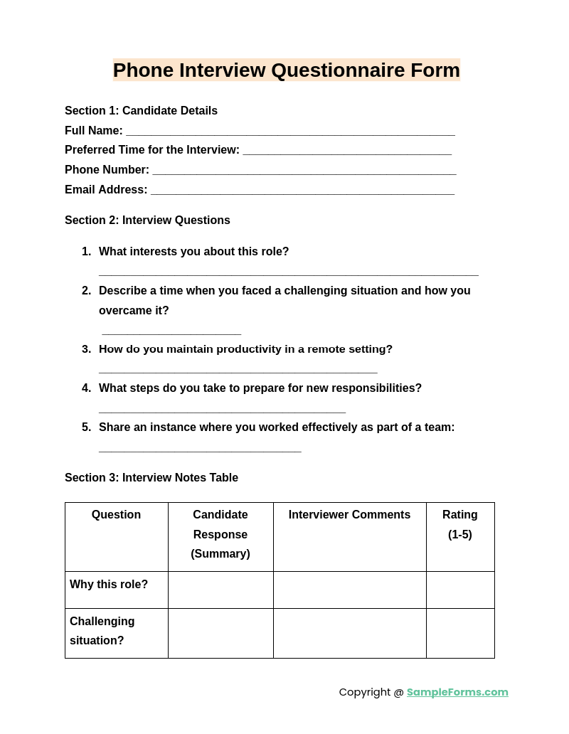 phone interview questionnaire form