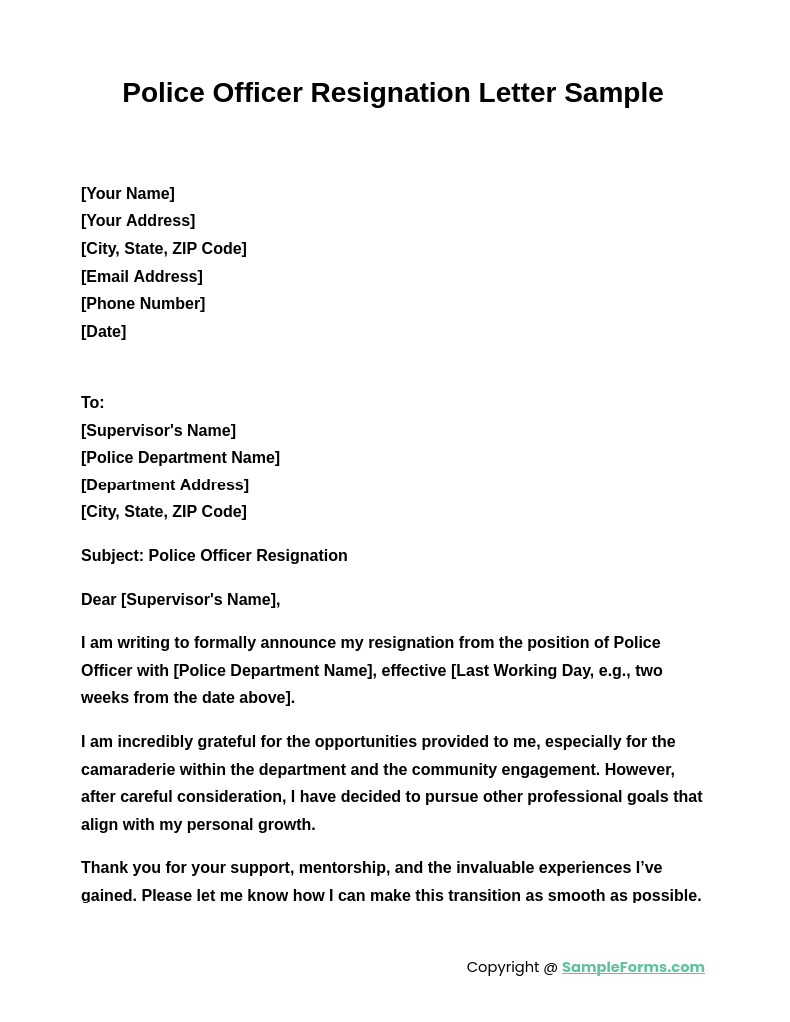 police officer resignation letter sample