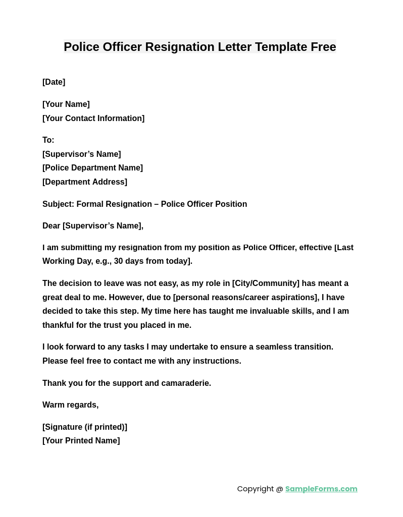 police officer resignation letter template free