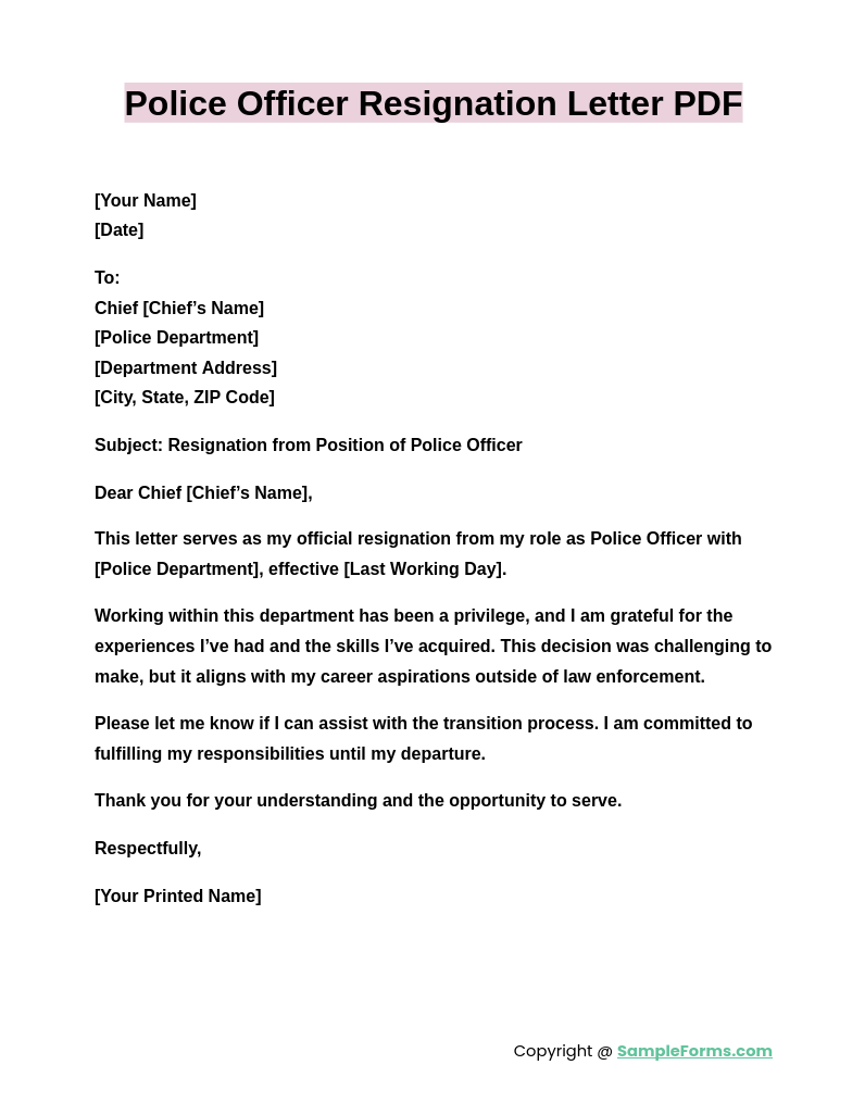 police officers resignation letter pdf