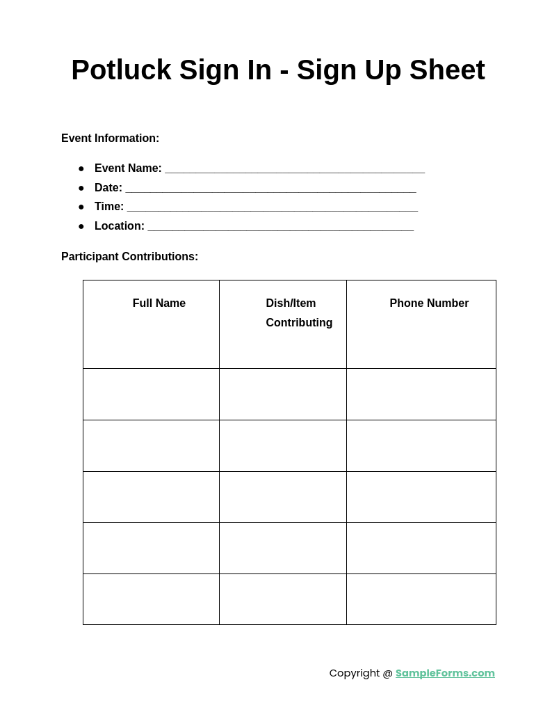 potluck sign in sign up sheet