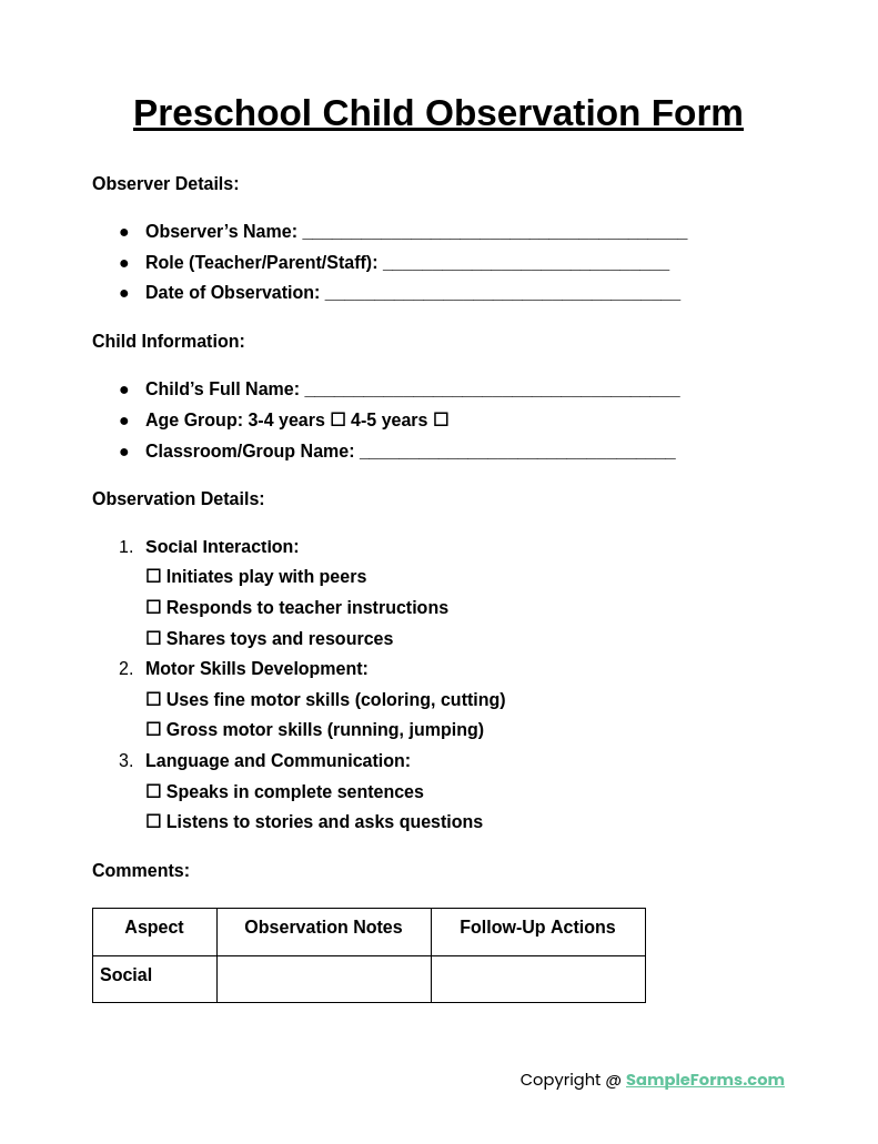 preschool child observation form