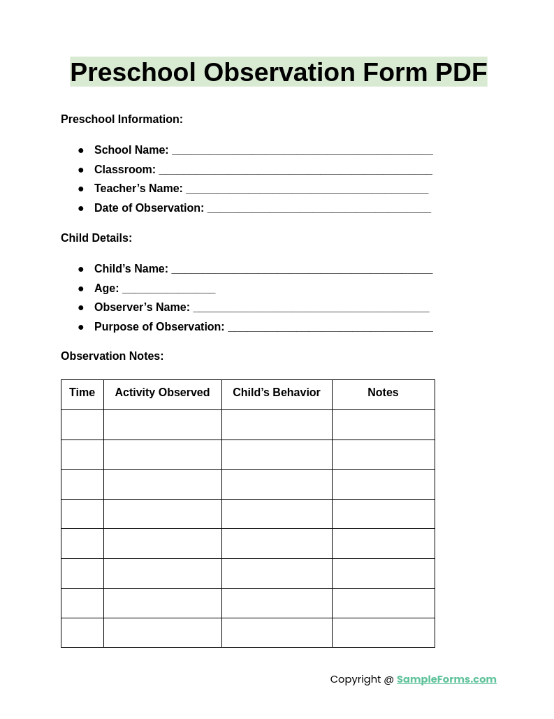 preschool observation form pdf