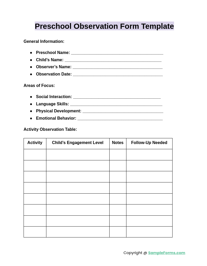 preschool observation form template