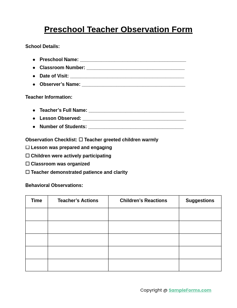 preschool teacher observation form