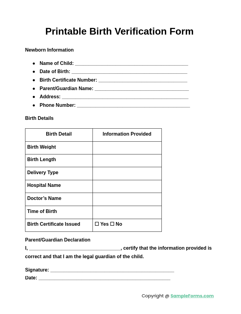 printable birth verification form