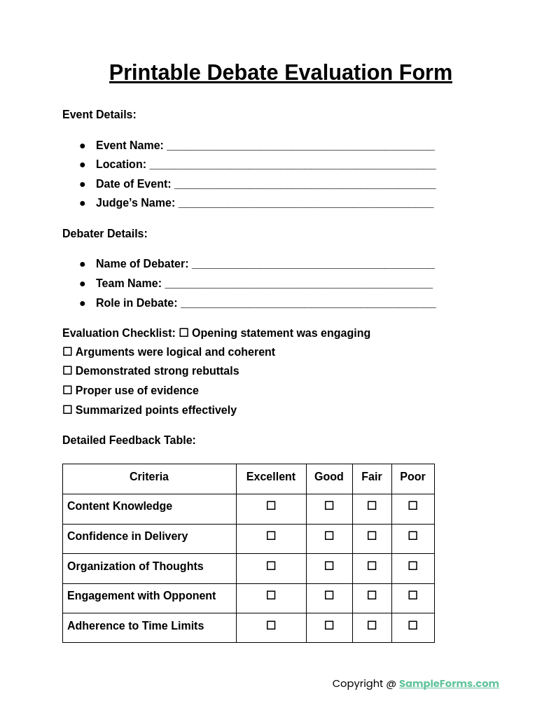 printable debate evaluation form