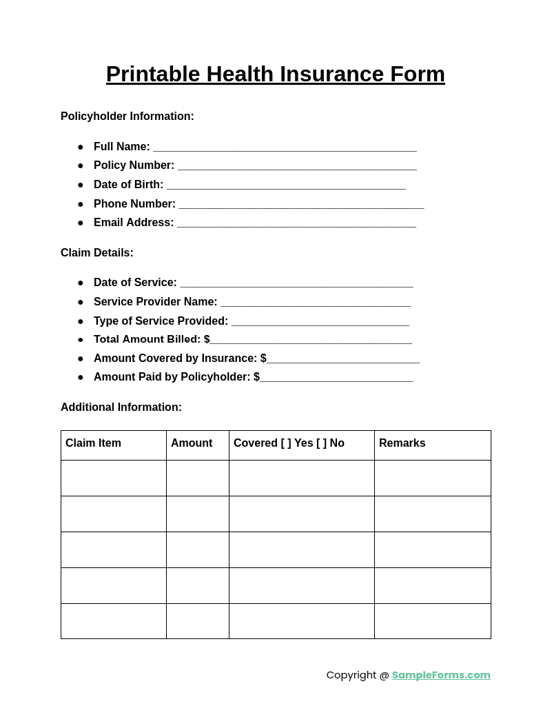 printable health insurance form