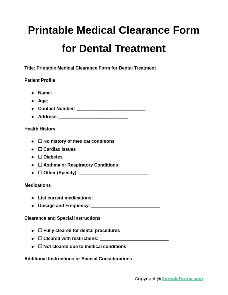 printable medical clearance form for dental treatment