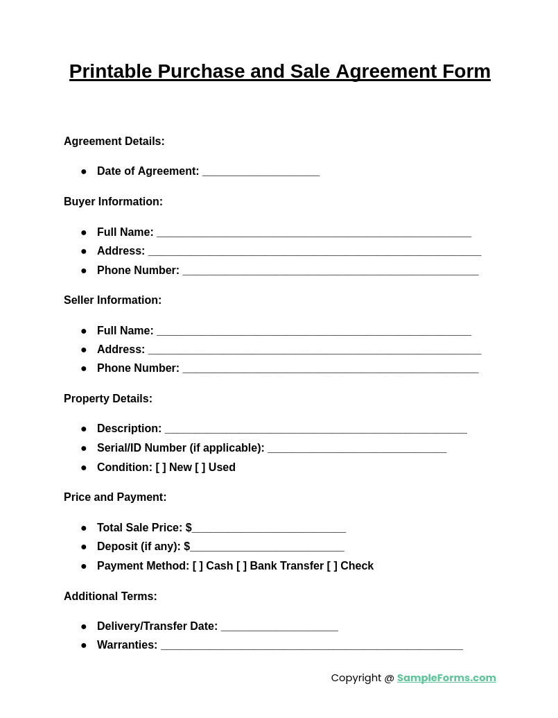 printable purchase and sale agreement form