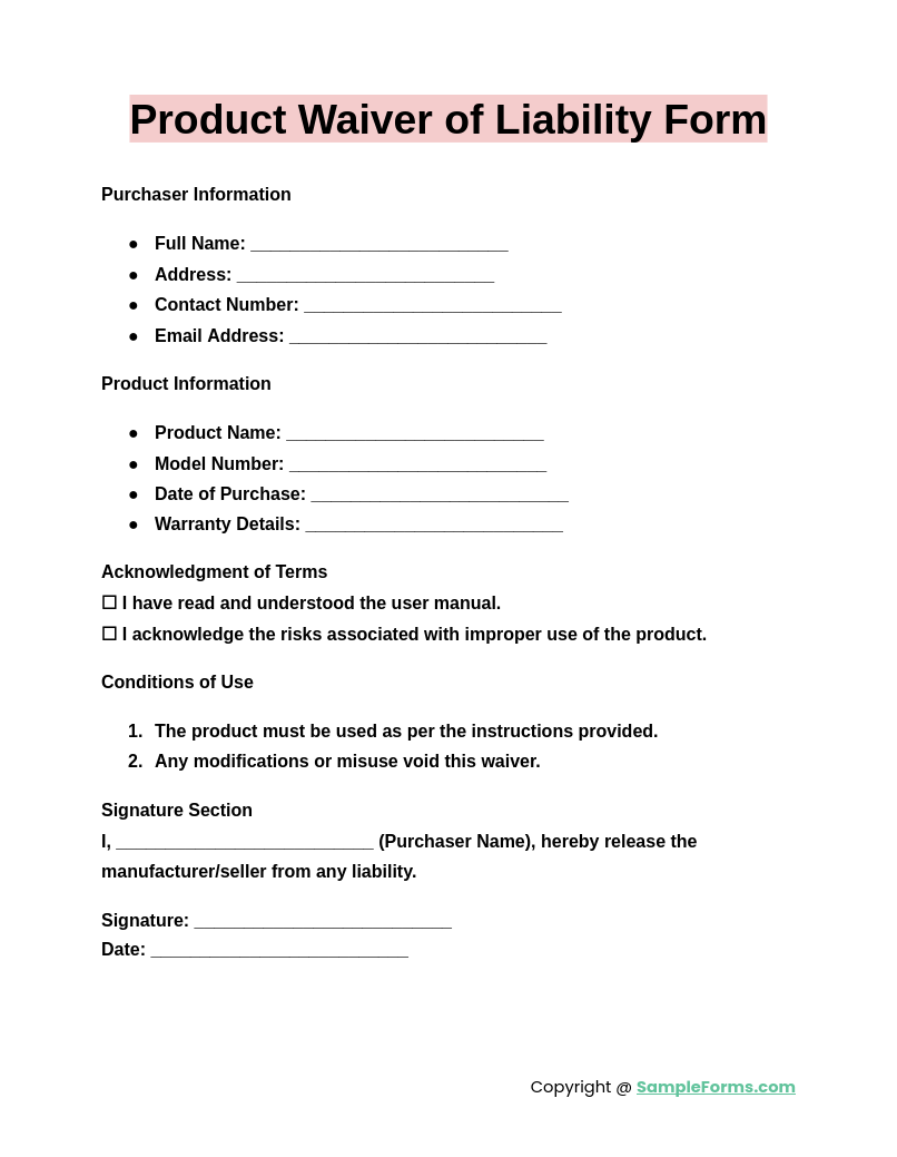 product waiver of liability form