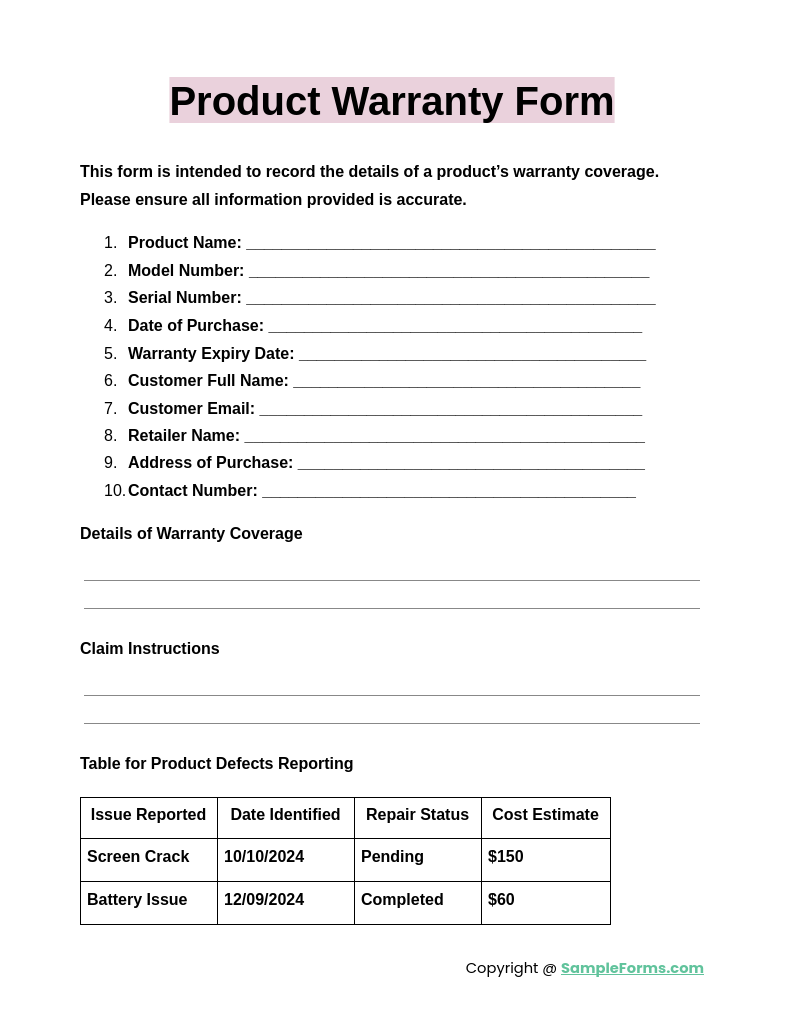 product warranty form