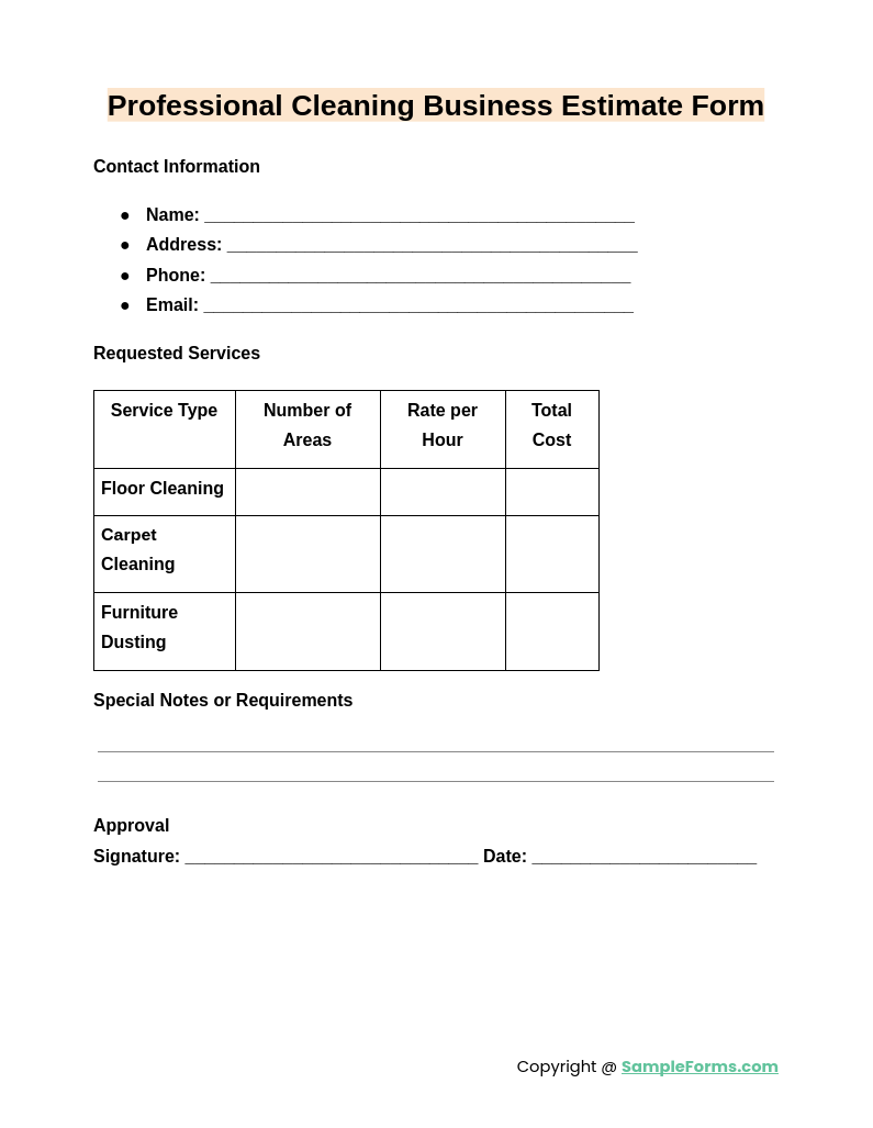 professional cleaning business estimate form