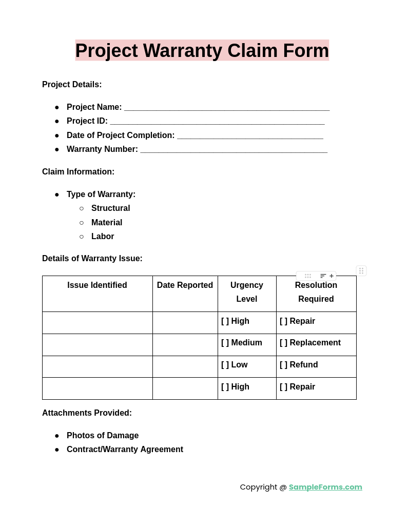 project warranty claim form