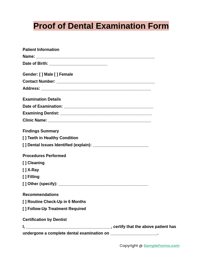 proof of dental examination form