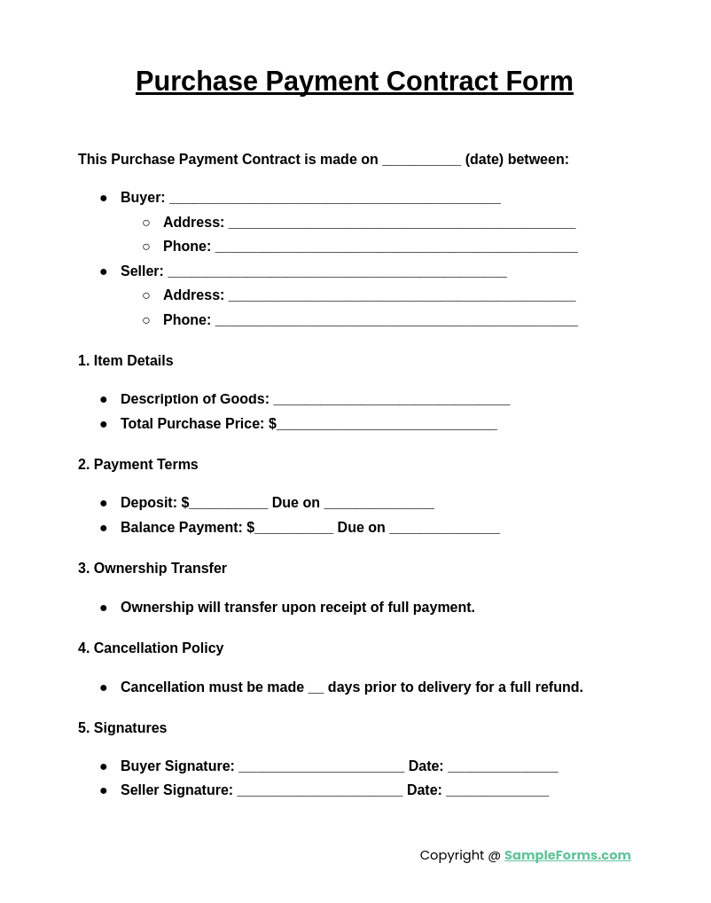 purchase payment contract form