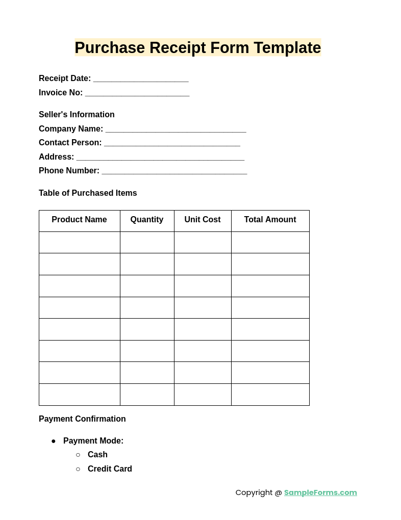 purchase receipt form template