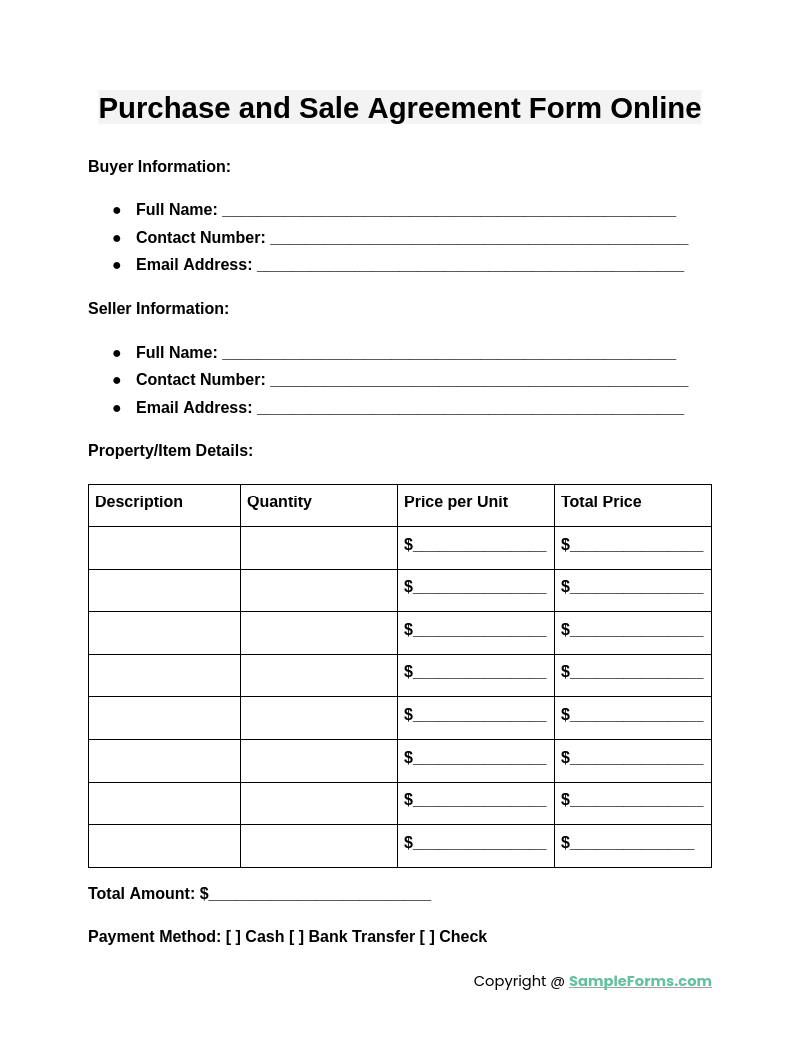 purchase and sale agreement form online