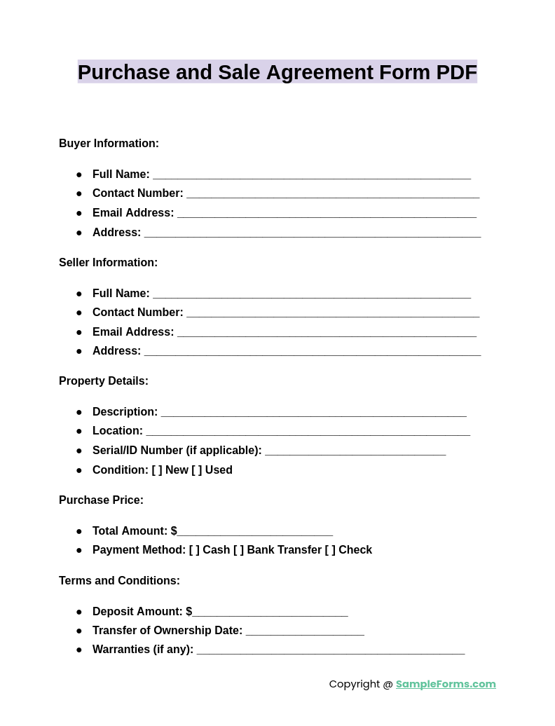 purchase and sale agreement form pdf