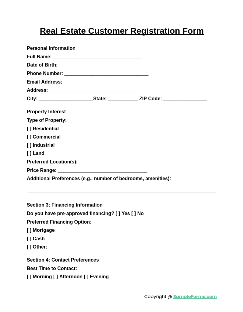 real estate customer registration form