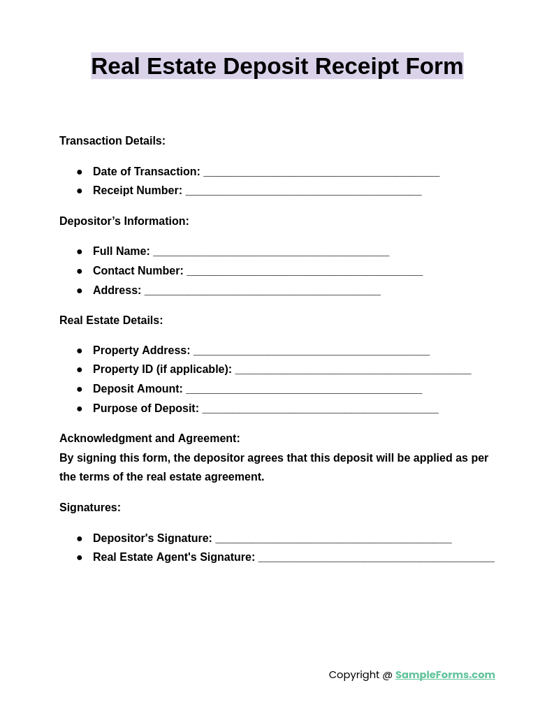 real estate deposit receipt form