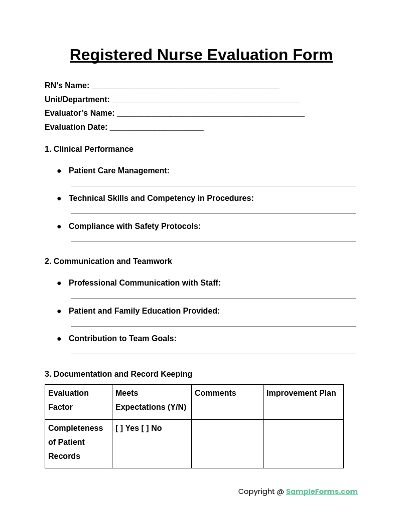 registered nurse evaluation form