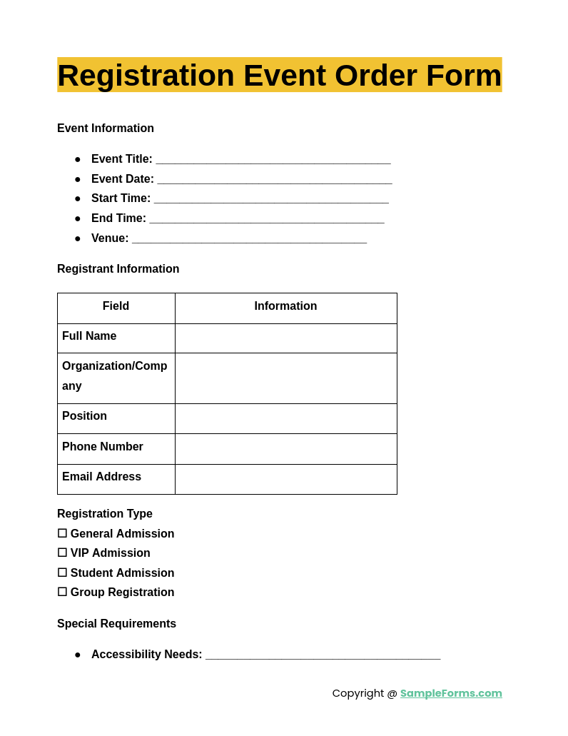 registration event order form