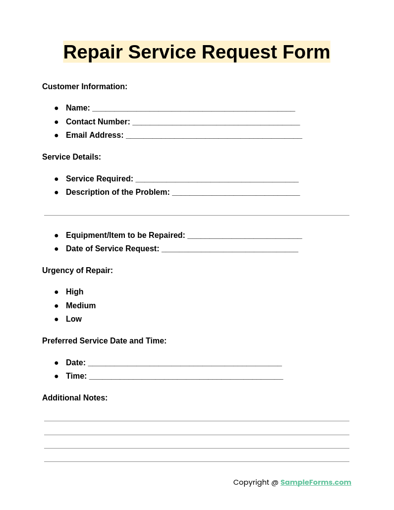 FREE 12+ Service Request Form Samples, PDF, MS Word, Google Docs