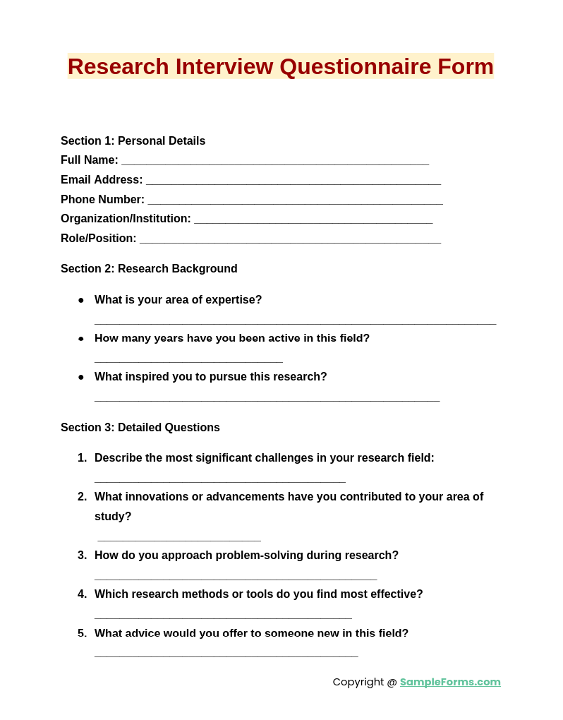 research interview questionnaire form