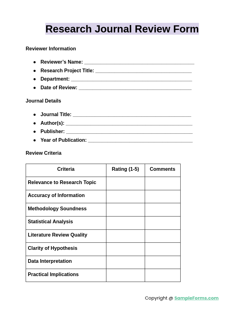 research journal review form