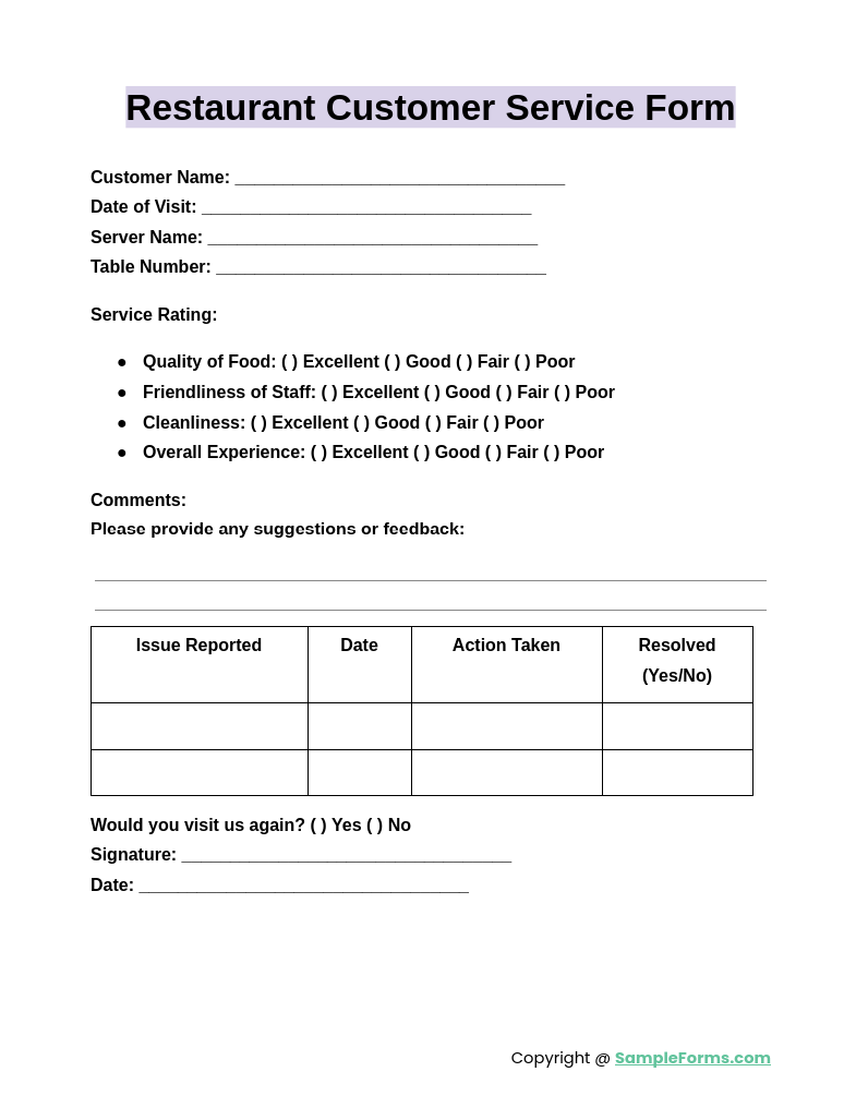 restaurant customer service form