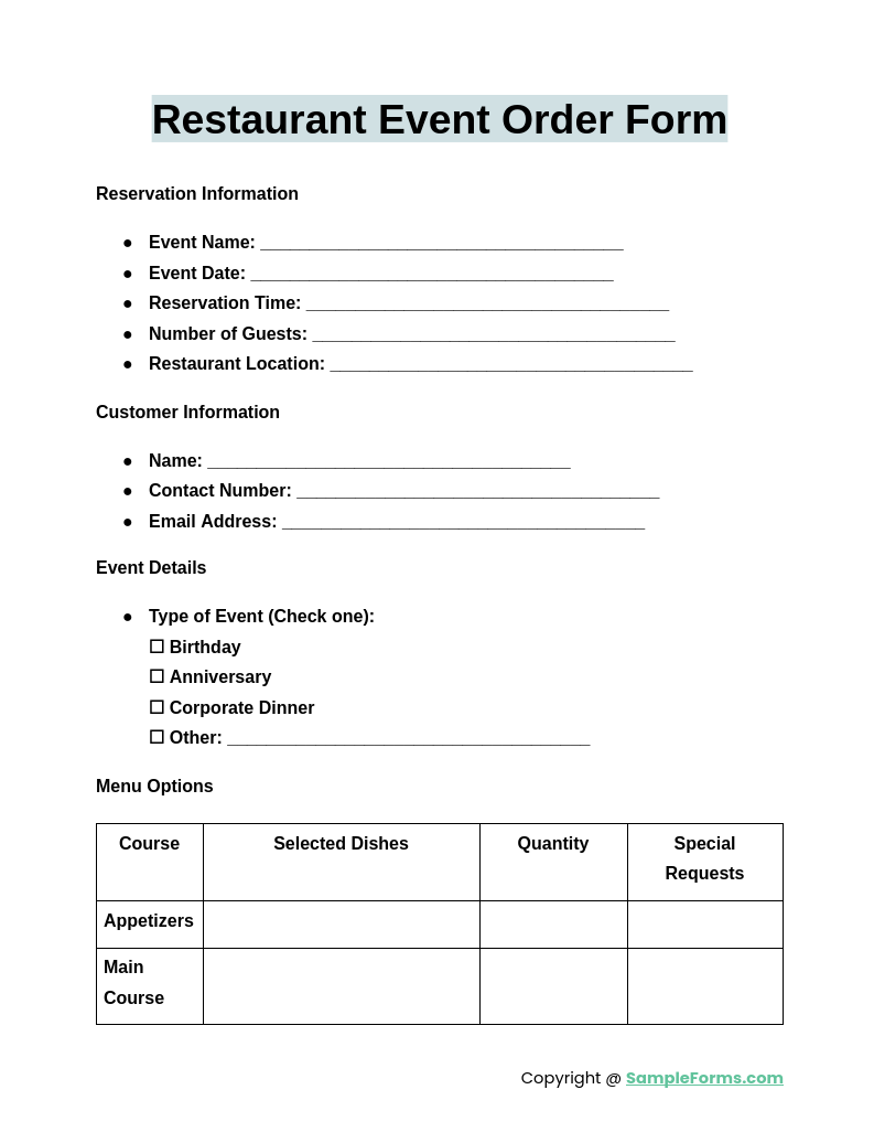 restaurant event order form