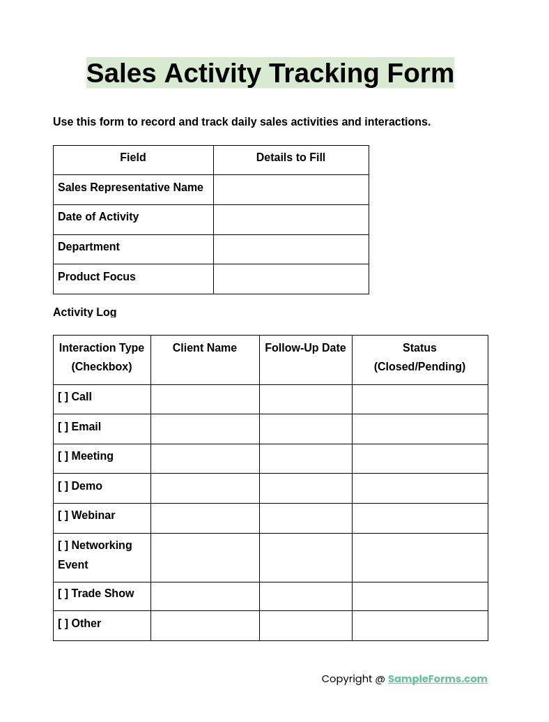 sales activity tracking form