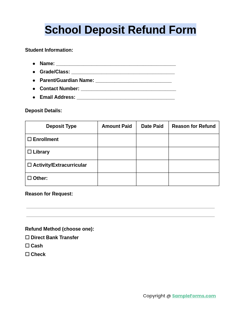 school deposit refund form