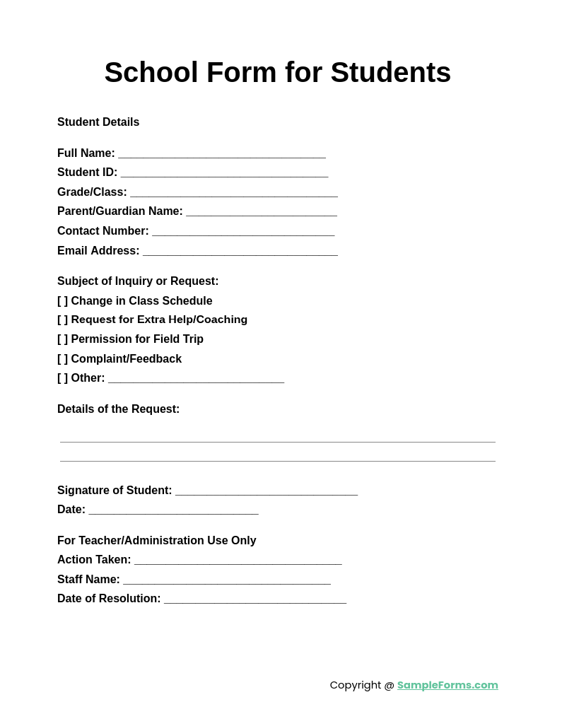 school form for students