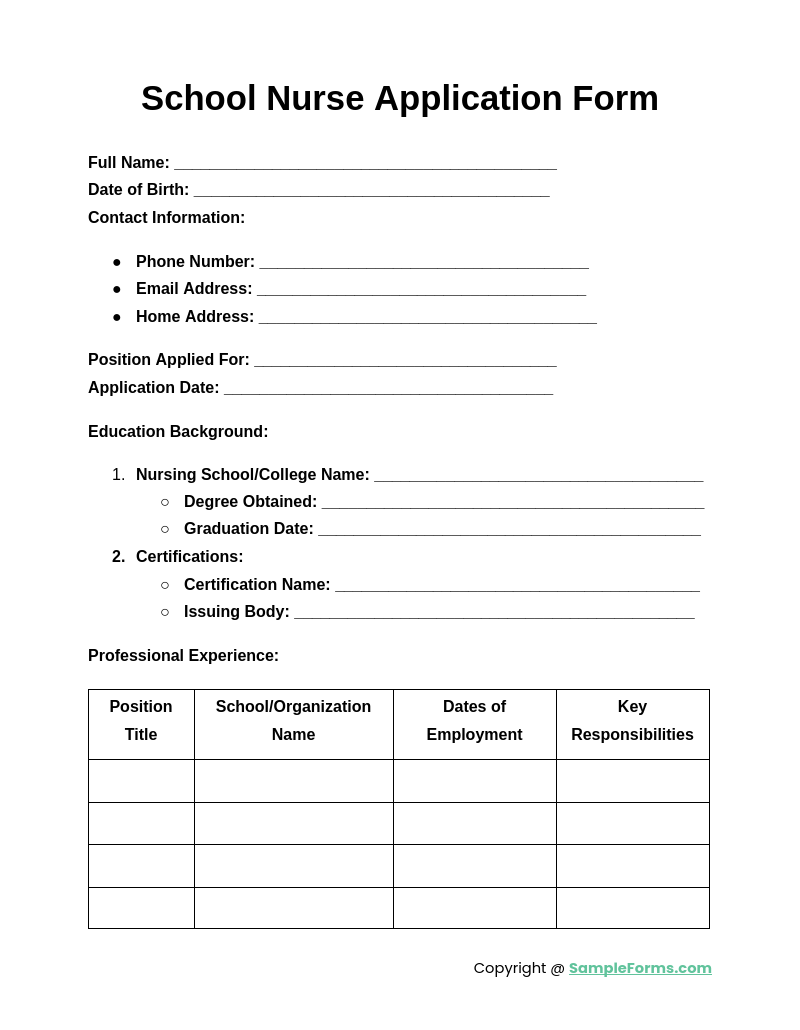 school nurse application form