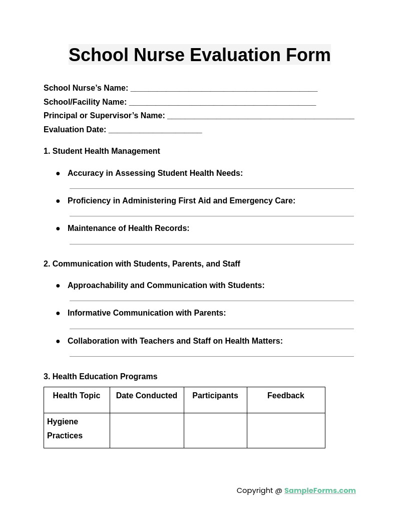 school nurse evaluation form