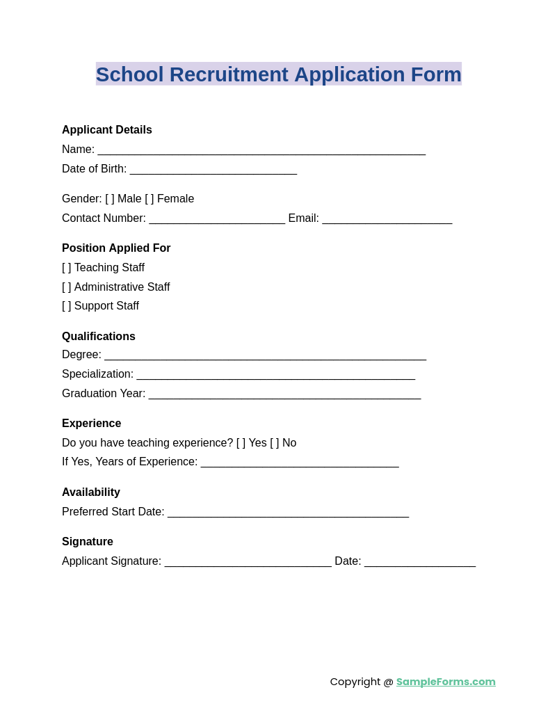 school recruitment application form