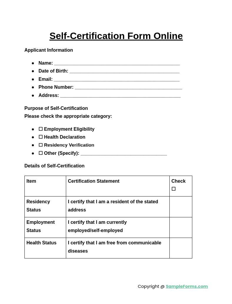 self certification form online