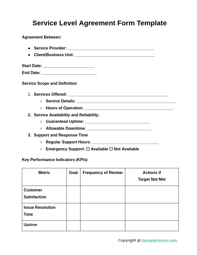 service level agreement form template