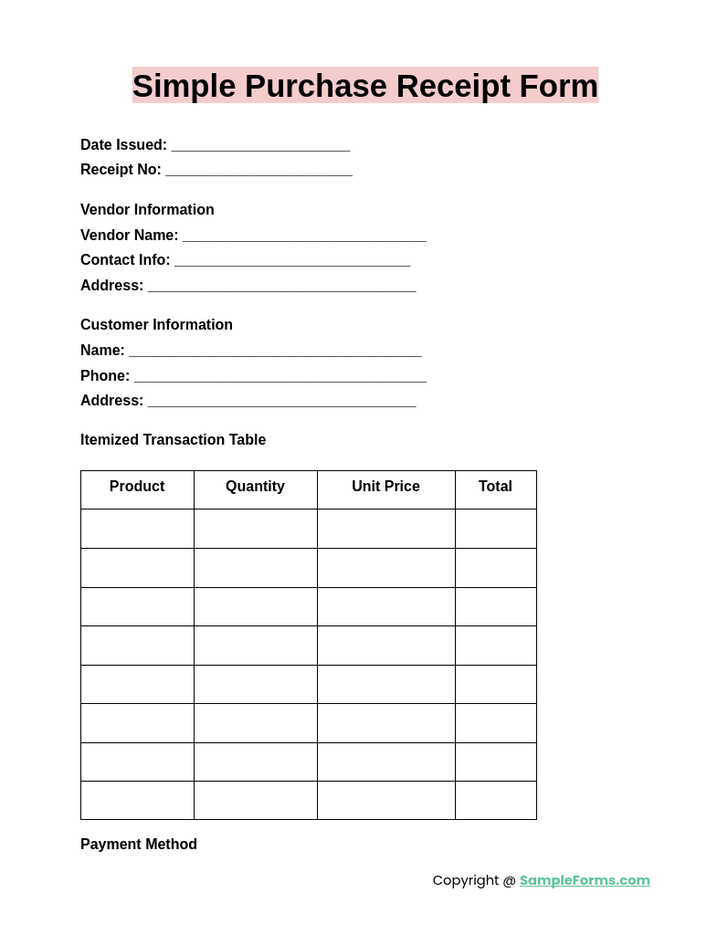 simple purchase receipt form