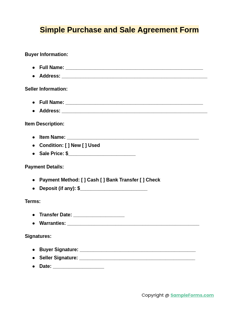 simple purchase and sale agreement form