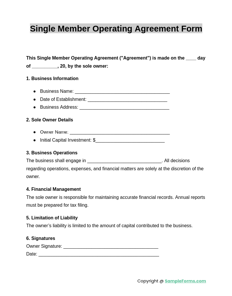 single member operating agreement form