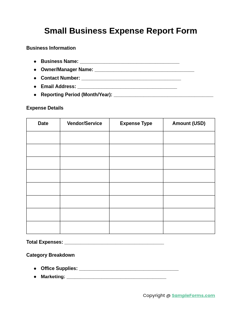 small business expense report form