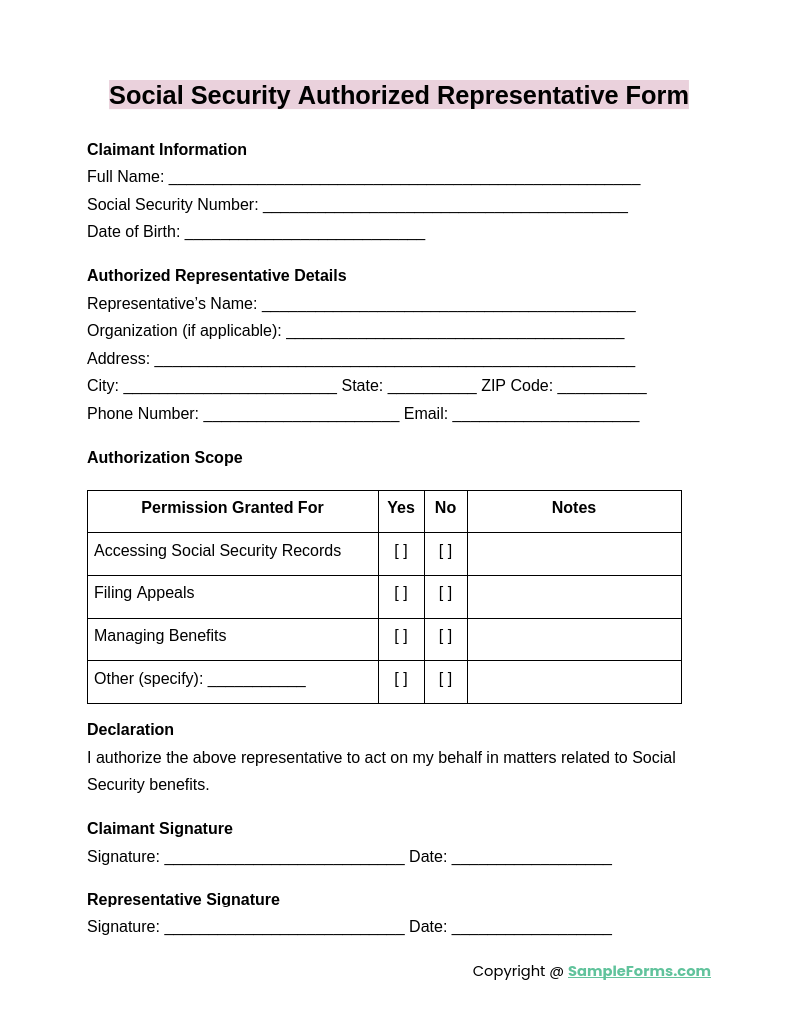 social security authorized representative form