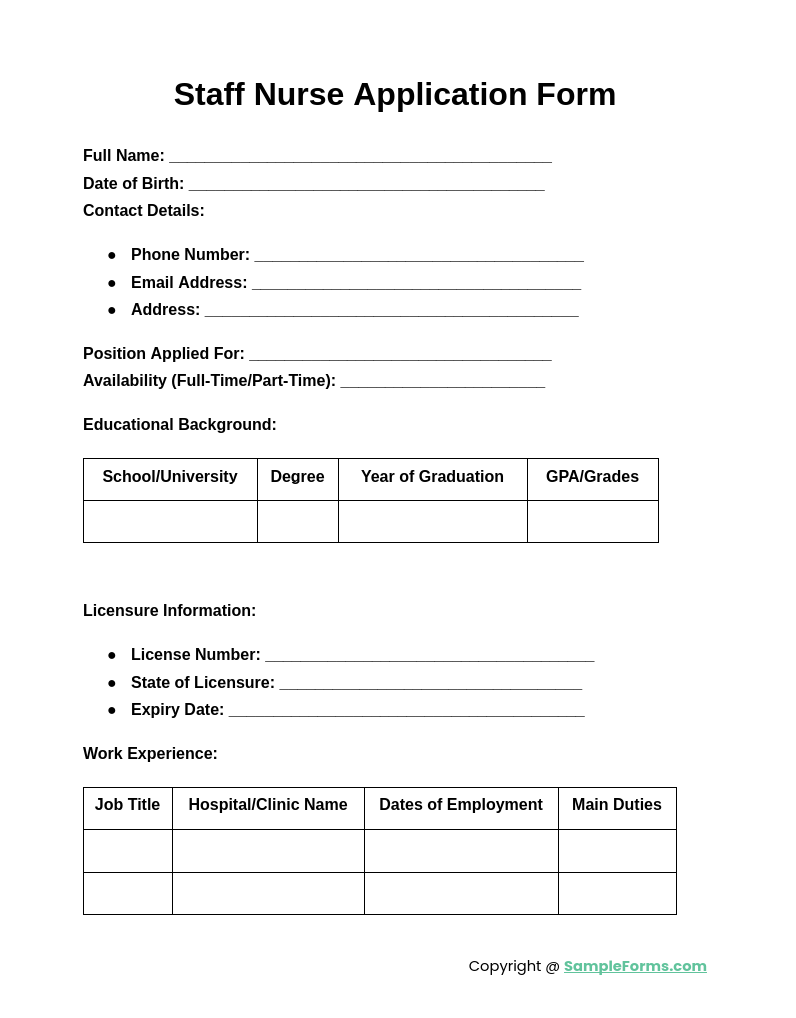 staff nurse application form