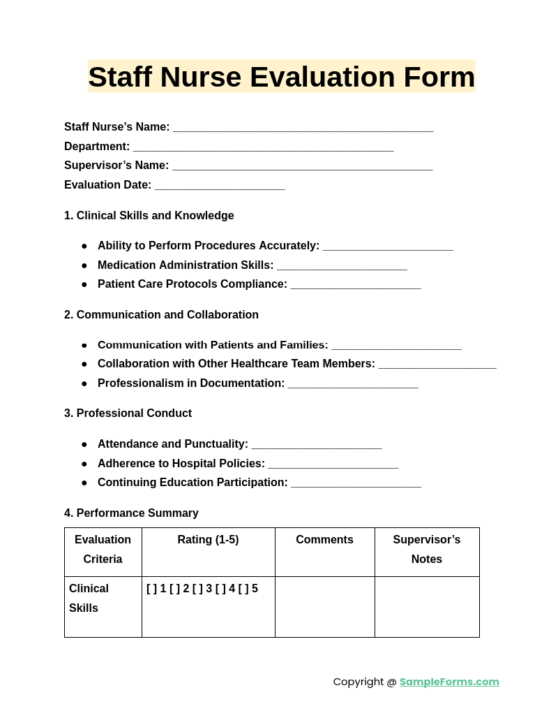 staff nurse evaluation form