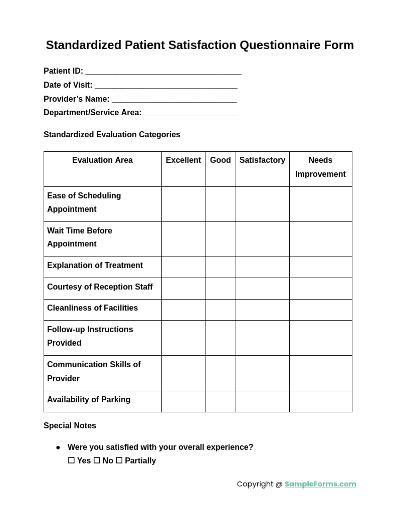 standardized patient satisfaction questionnaire form