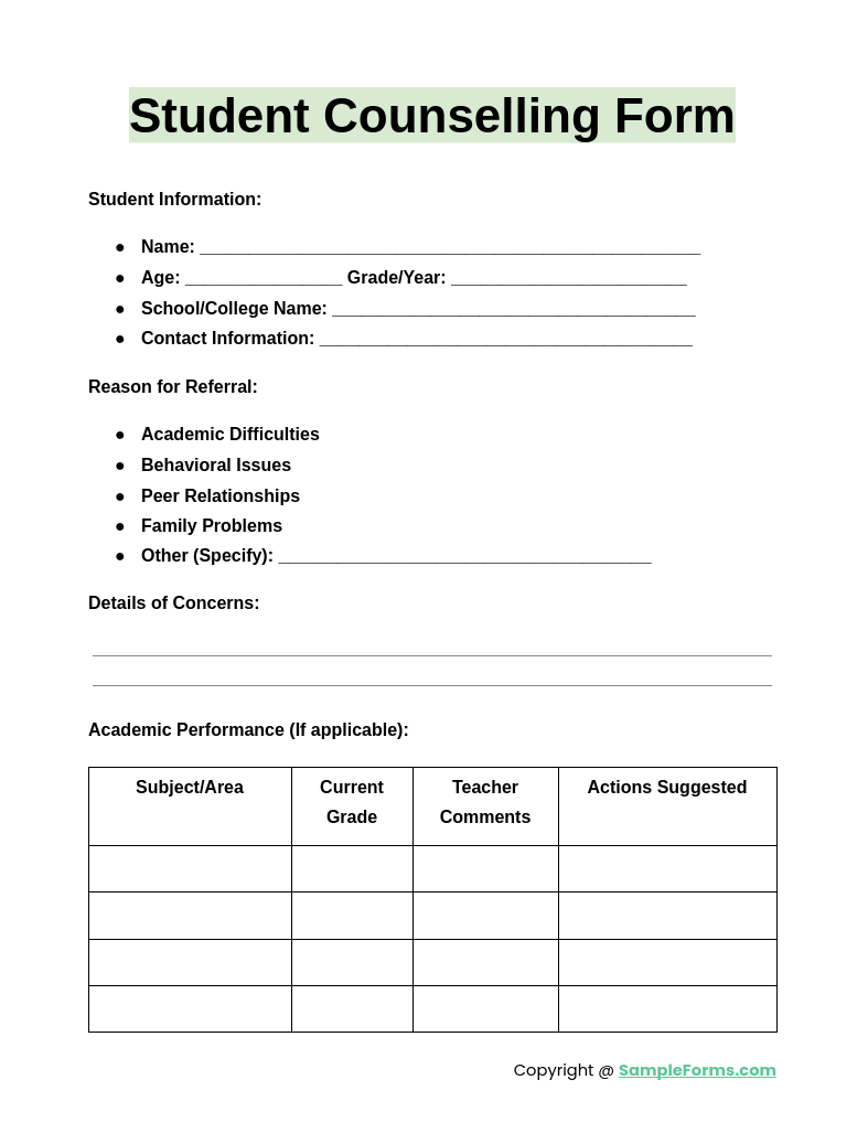 student counselling form